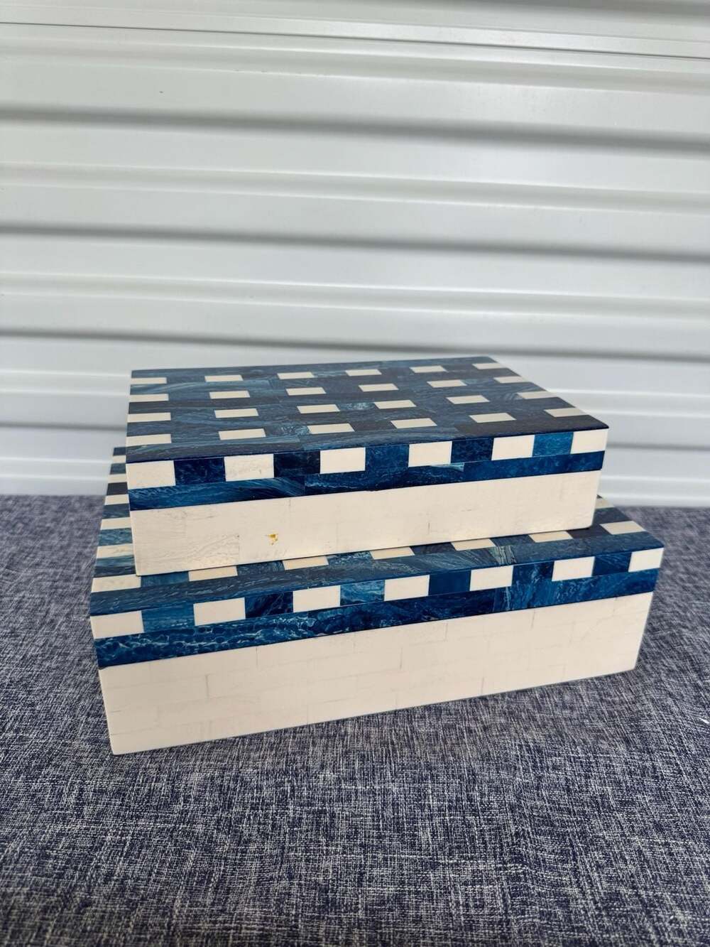 Pair Blue Plaid Bone Home Decor Boxes